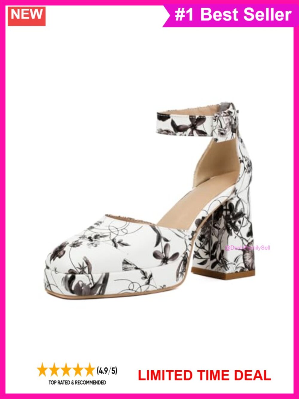 ForeMode Women Floral Print Platform Pumps Chunky Block Heel Slingback Dress